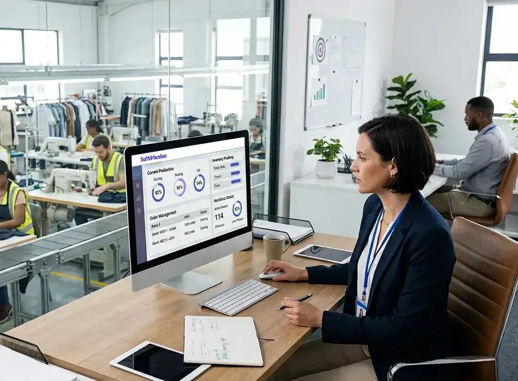 Manager using ERP system in garment factory office