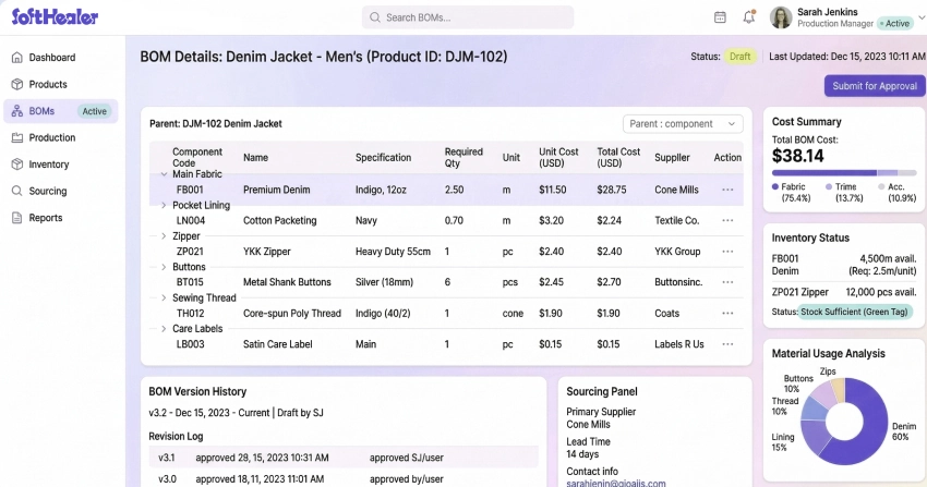 ERP screen showing garment bill of materials details