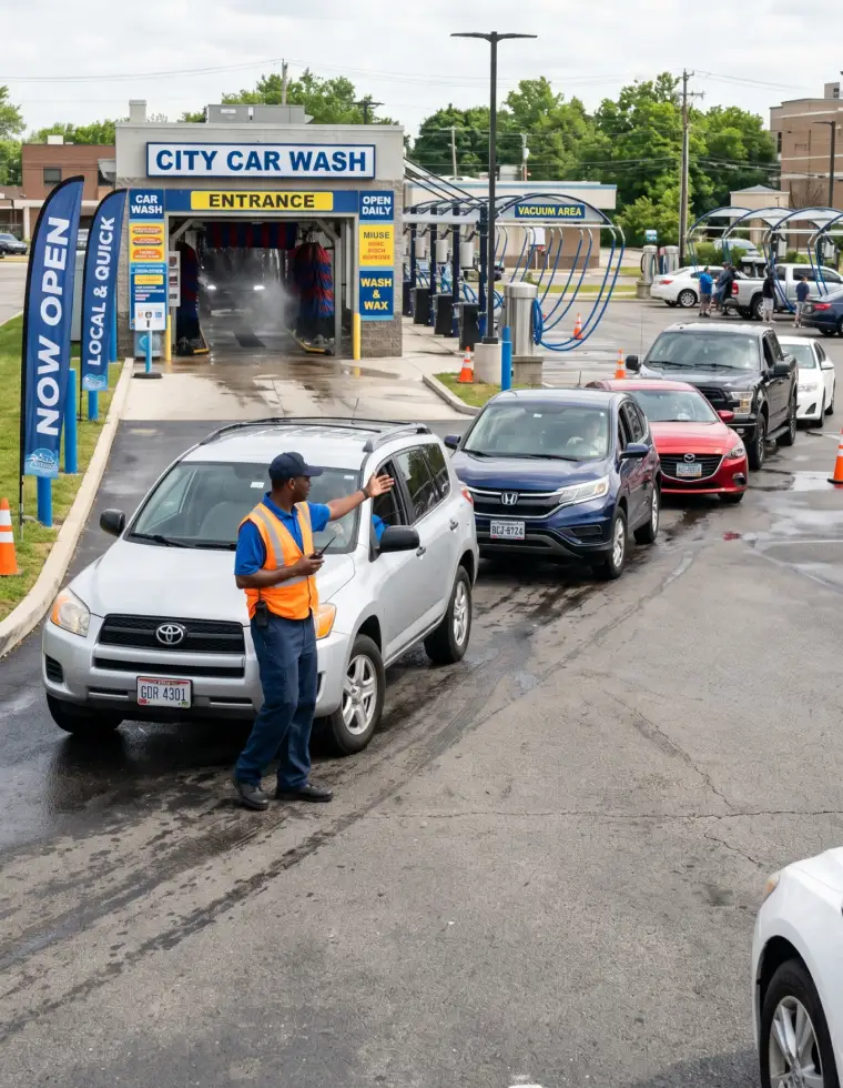 Cars lined up at car wash facility