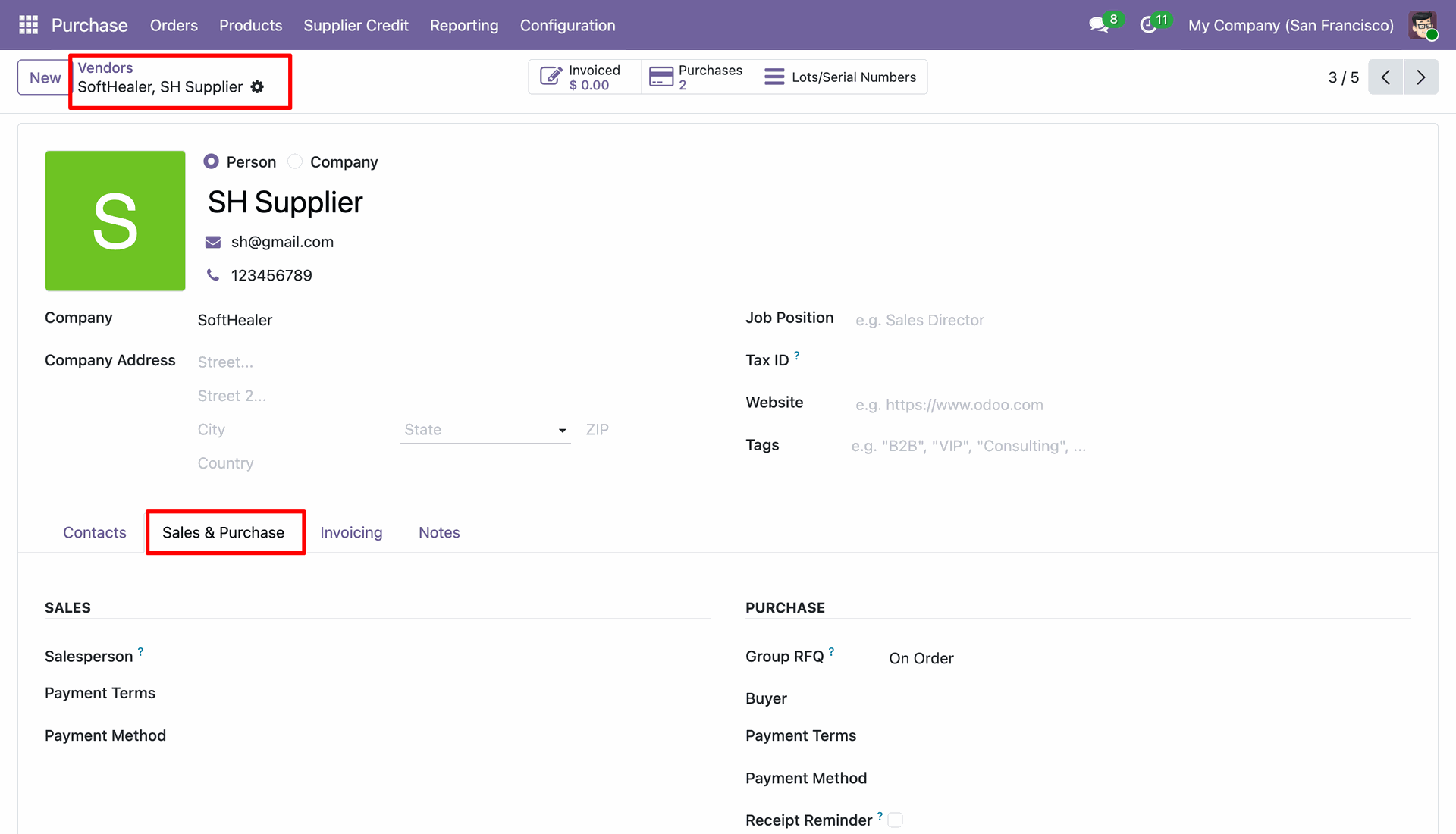Vendor Sales and Purchase Tab