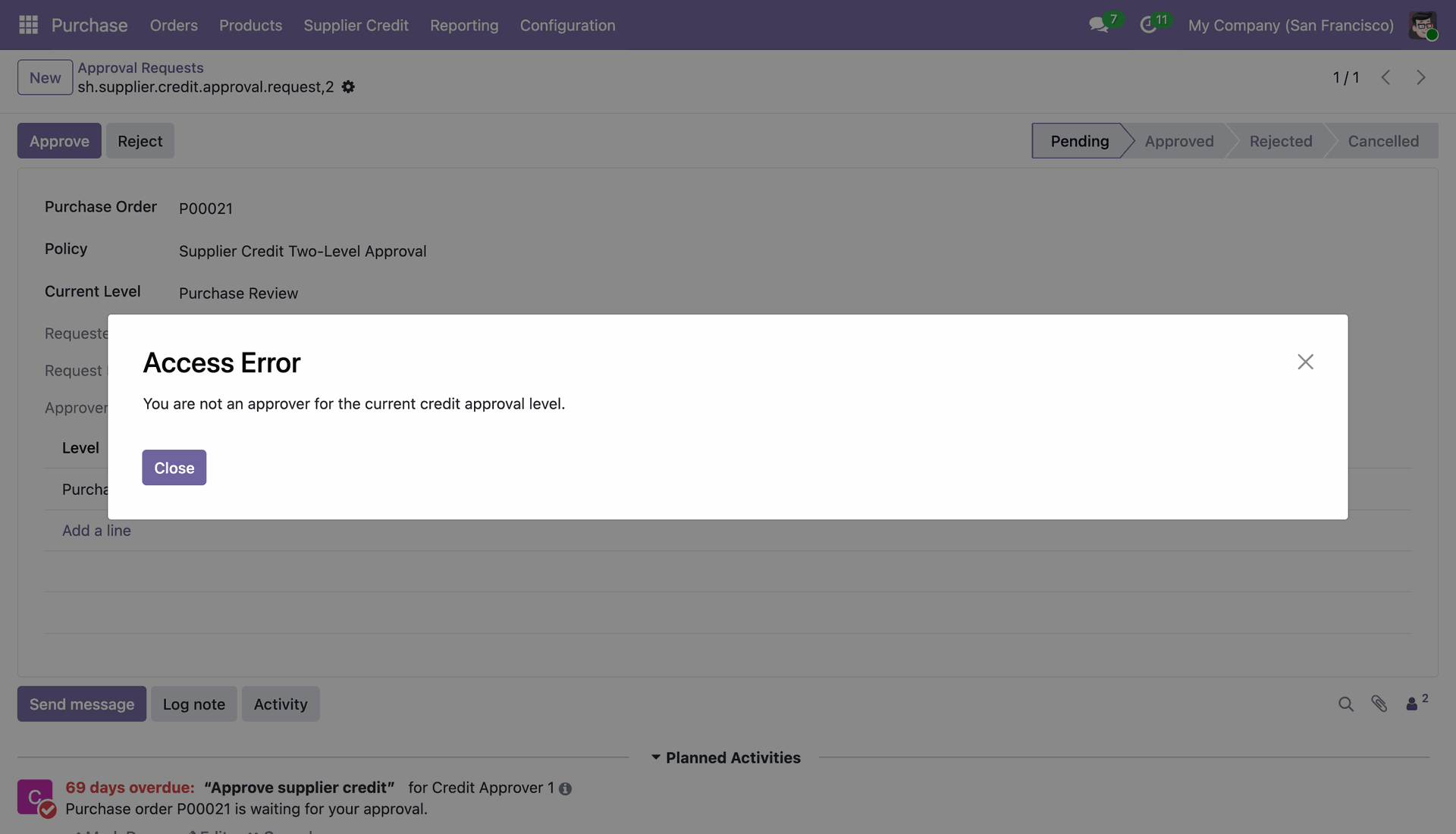 Access Error Dialog for Unauthorized User