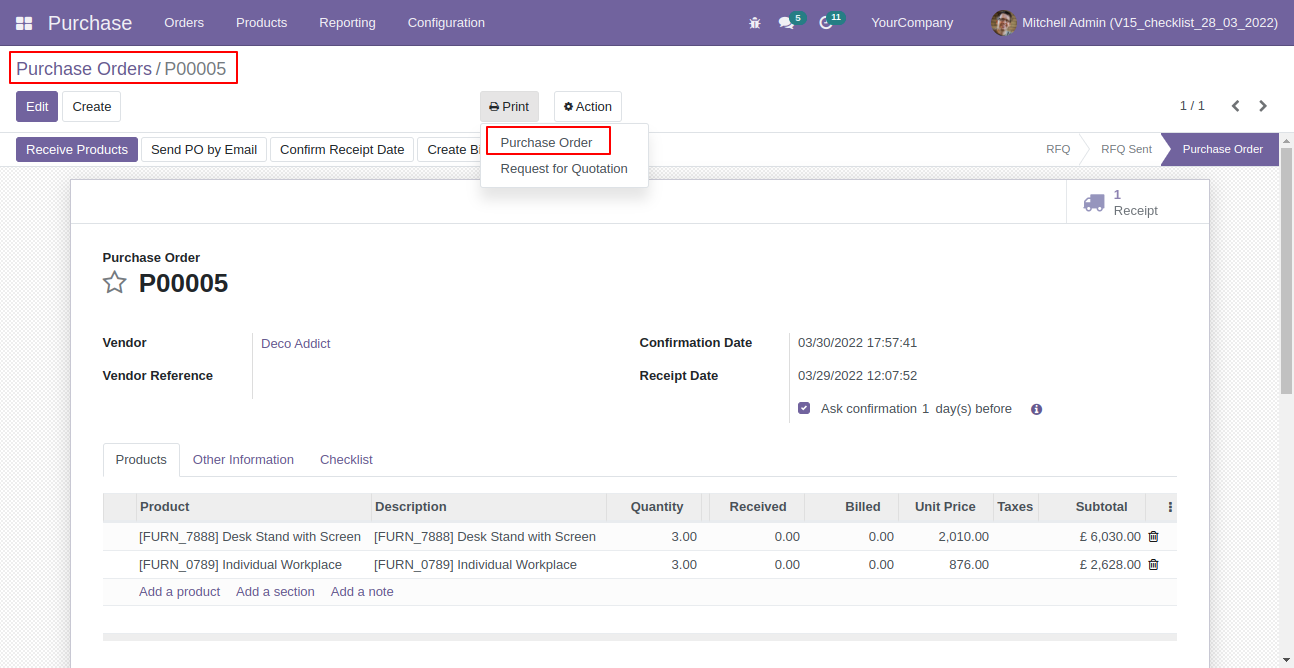 Purchase Order Custom Checklist Odoo, PO Custom Checklist Odoo