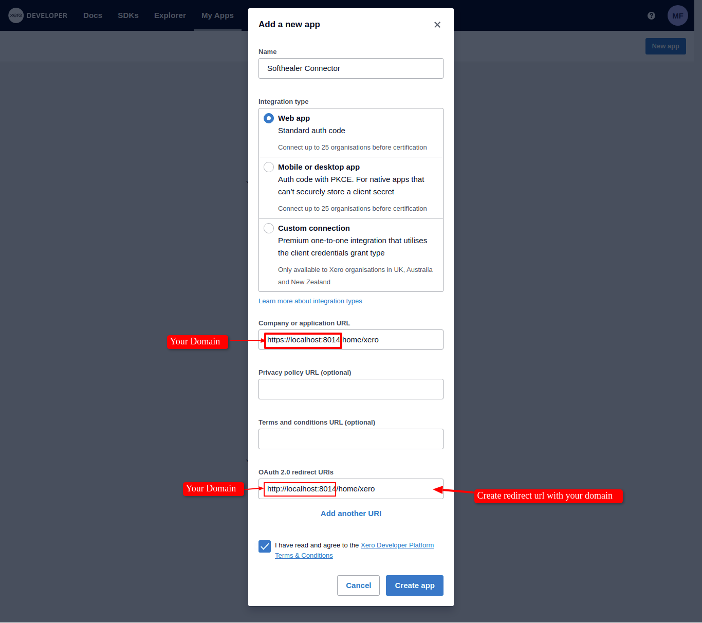 Fill app details to register application in Xero Console