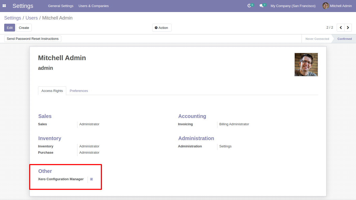 Enable Xero Configuration Manager access in Odoo
