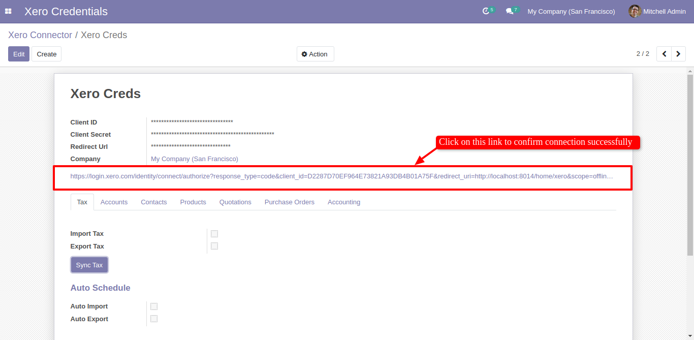 Xero OAuth authorization link in Odoo Xero Credentials