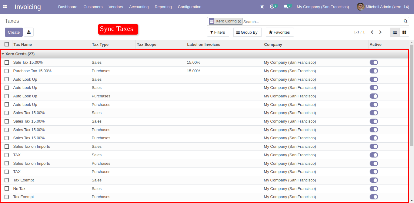 Synced taxes list grouped by Xero Config in Odoo