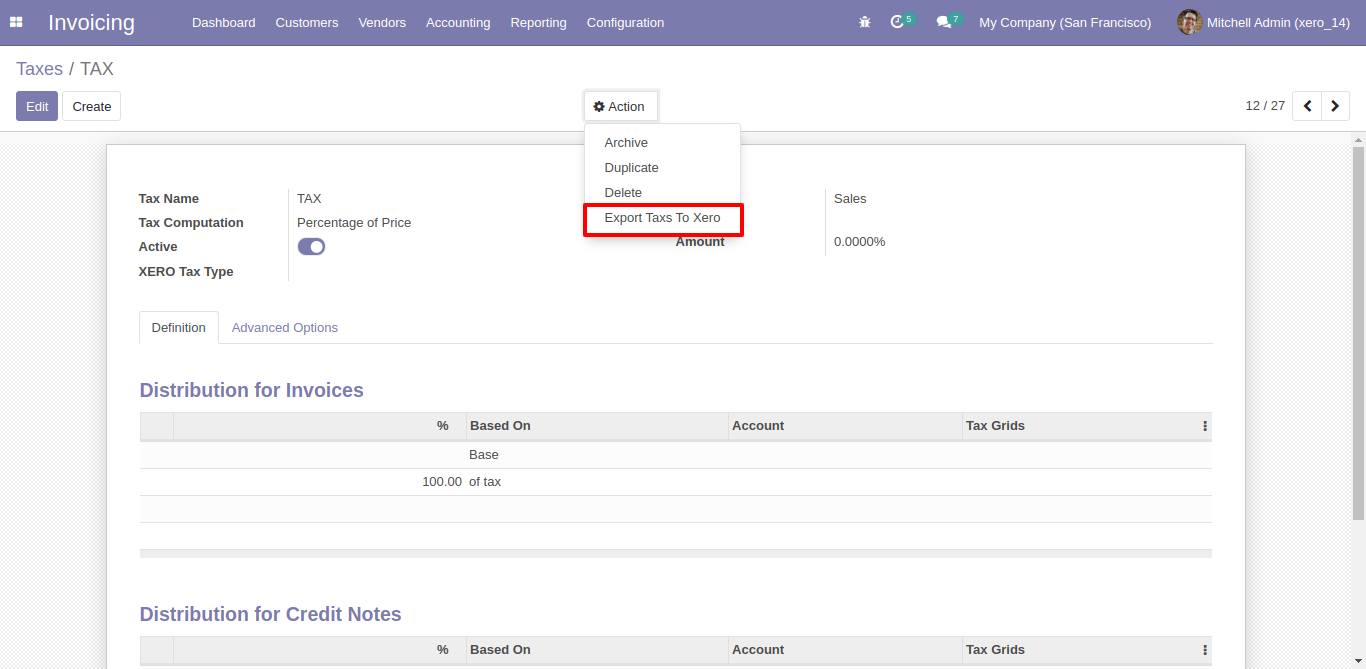 Export single tax to Xero using Action menu