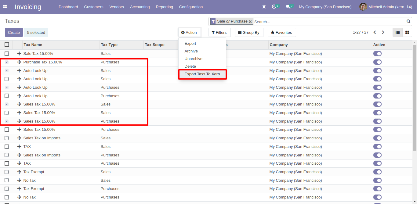Export multiple selected taxes to Xero in Odoo