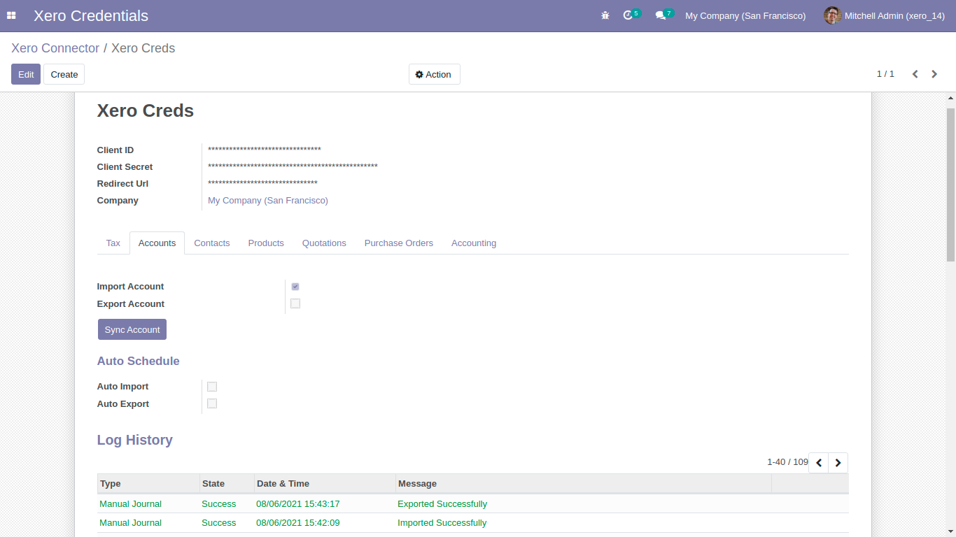 Sync Account settings and log history in Odoo Xero