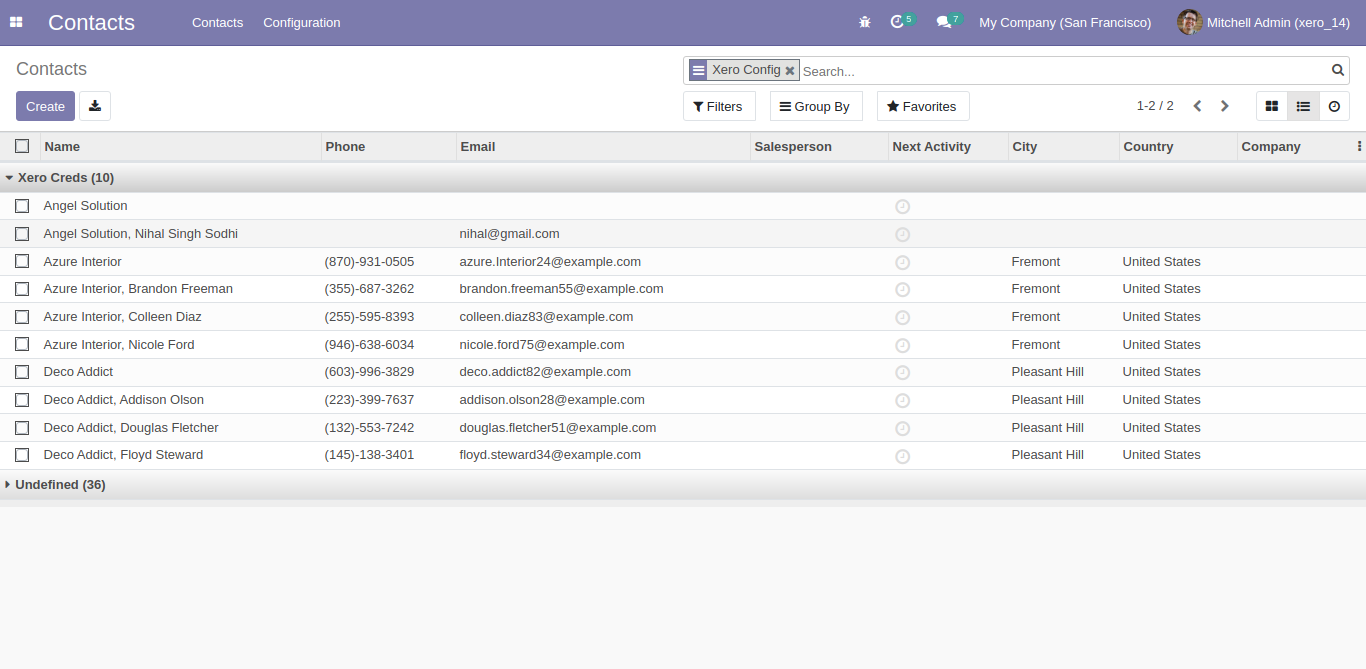 Synced contacts list grouped by Xero Config