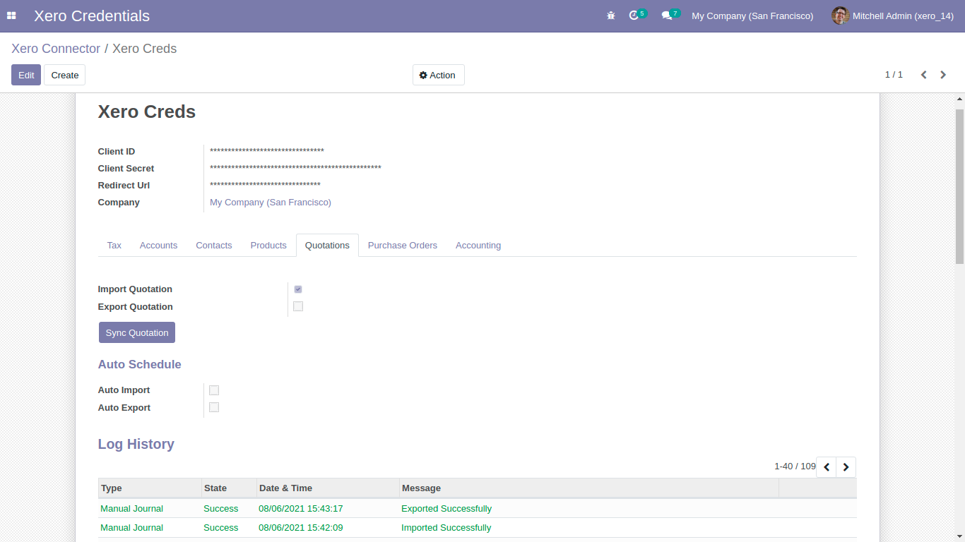 Sync Quotation settings and log history in Odoo Xero