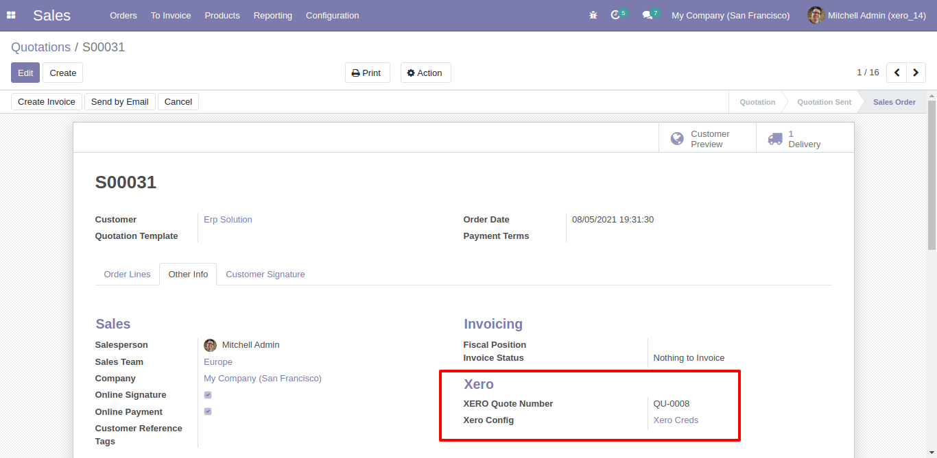 Xero Config details in sales quotation