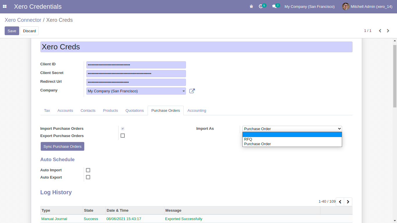 Sync Purchase Orders settings and log history in Odoo Xero
