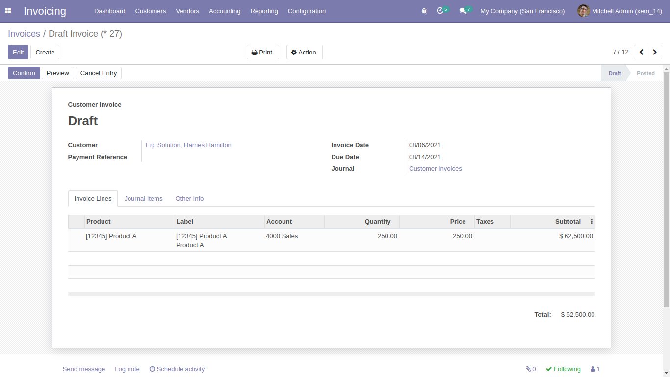 Draft customer invoice form view in Odoo