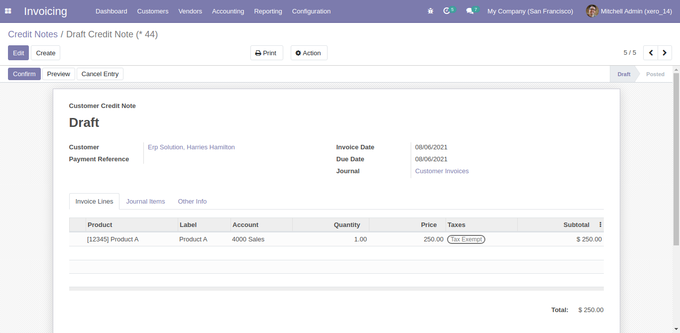 Draft customer credit note form view in Odoo
