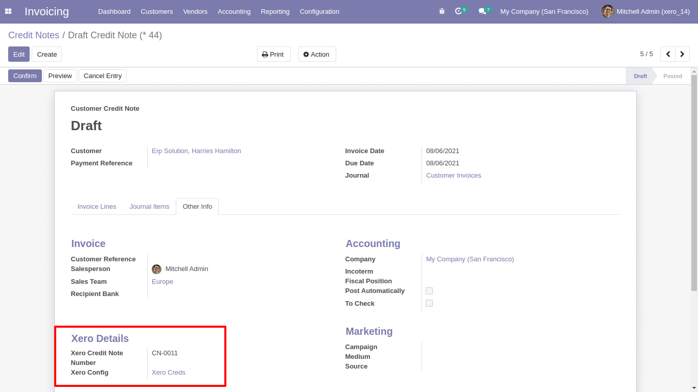 Xero Config details in Odoo credit note