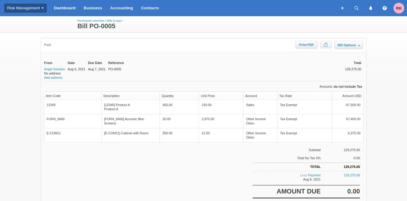 Synced bill view in Xero
