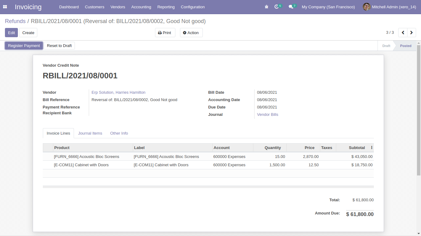 Vendor credit note refund form view in Odoo