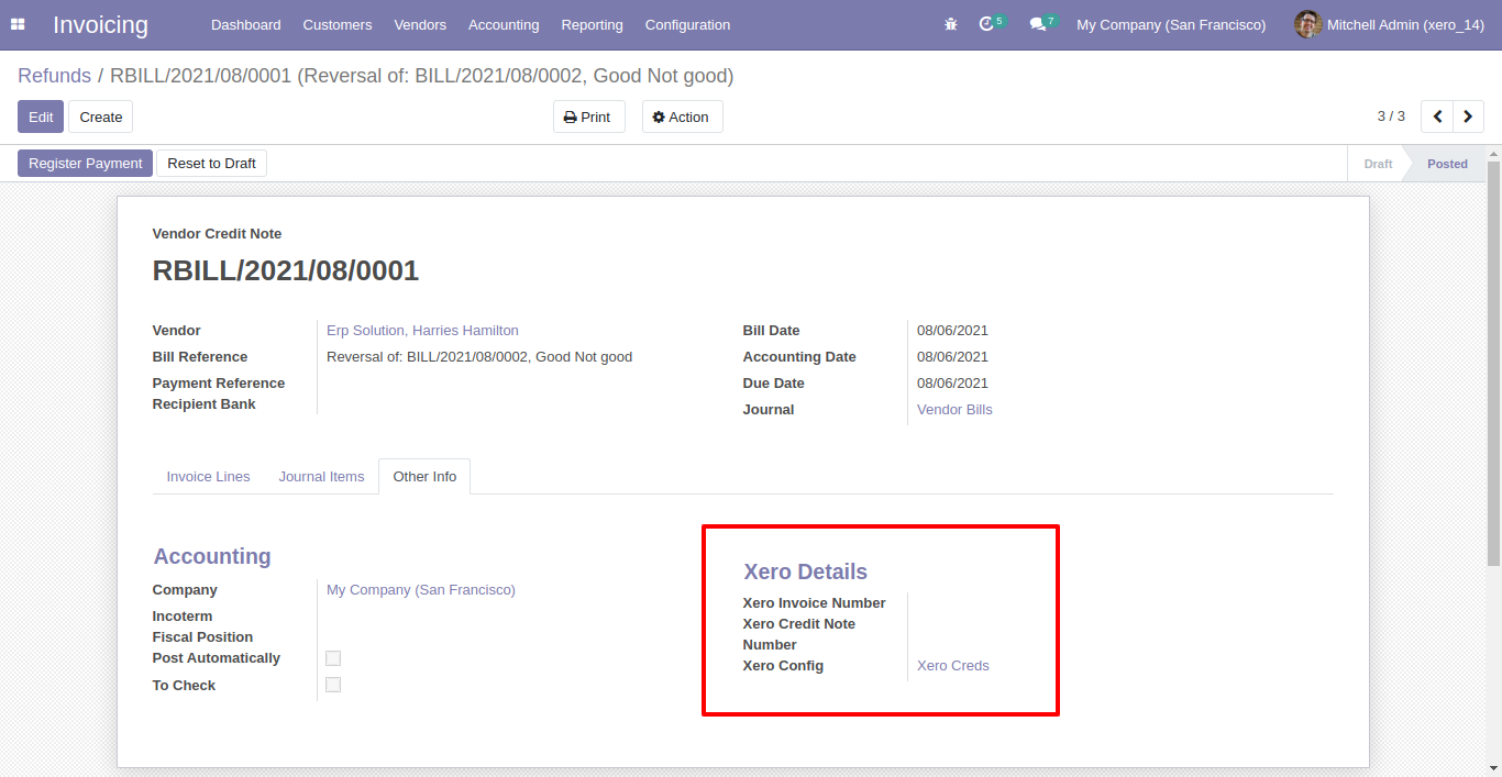Xero Config details in Odoo vendor refund