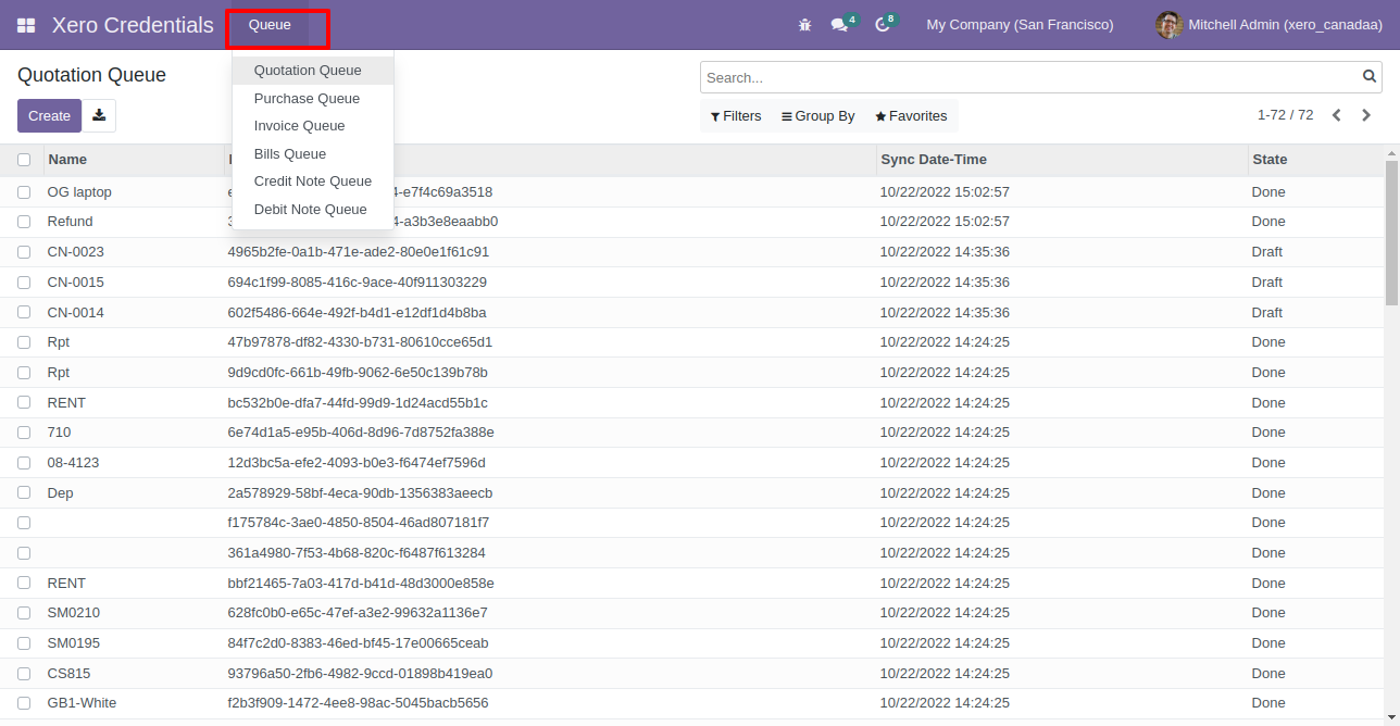 Queue management menu for Xero sync in Odoo