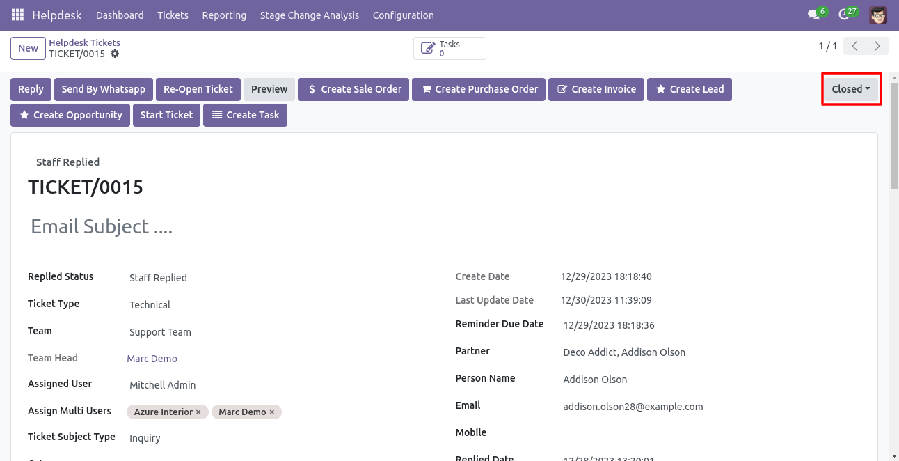 Helpdesk ticket replied date and Staff Replied status