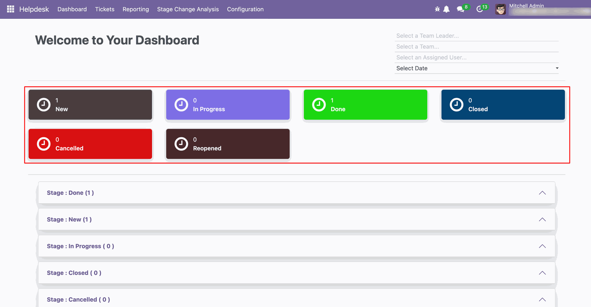 Colorful Helpdesk dashboard showing ticket statistics