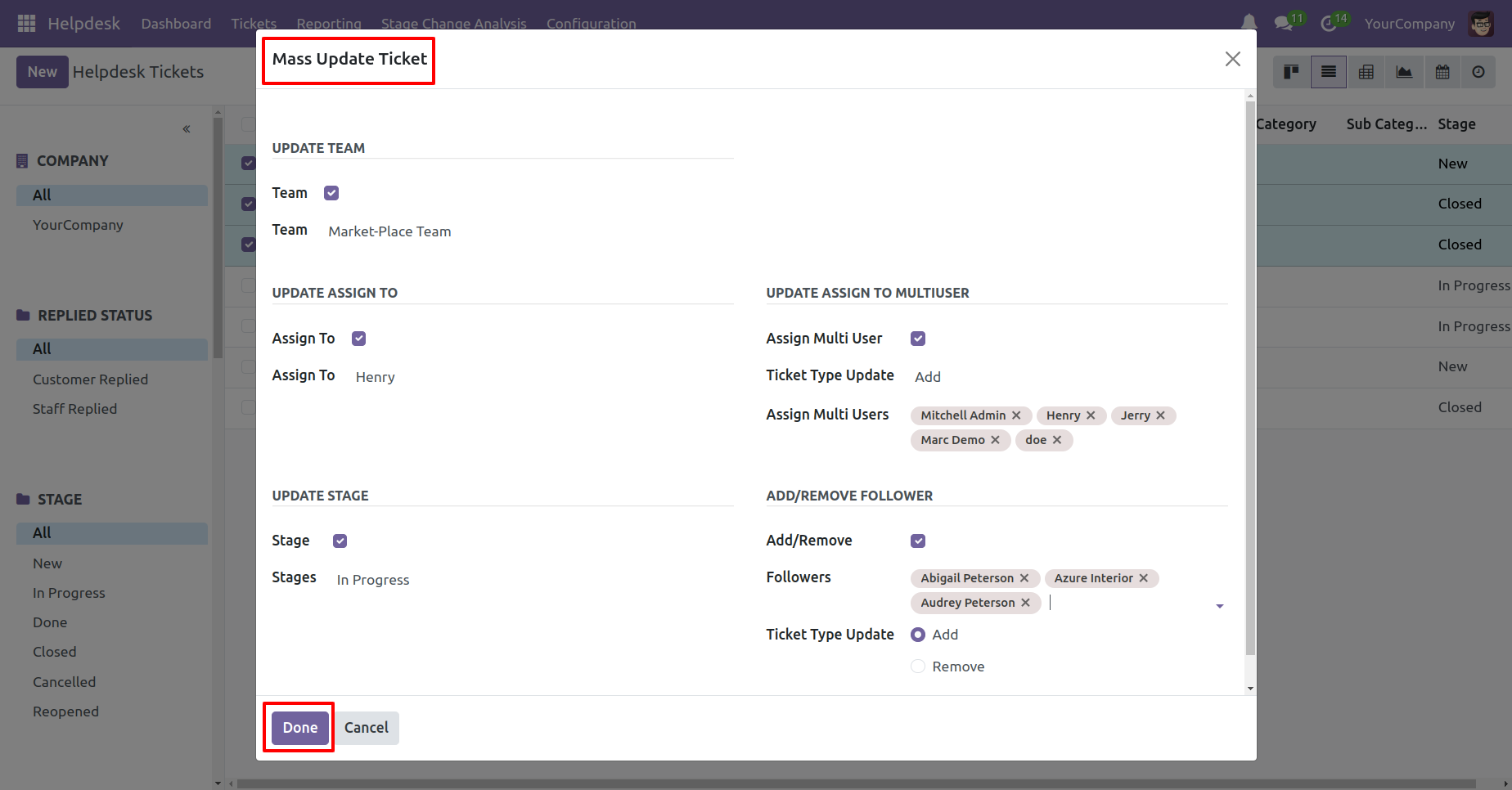 Mass Update Ticket wizard with update options
