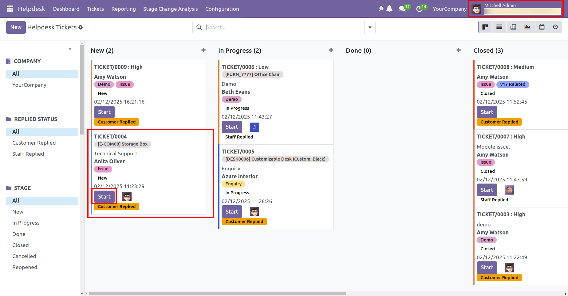 Start ticket timer from the Helpdesk Kanban view