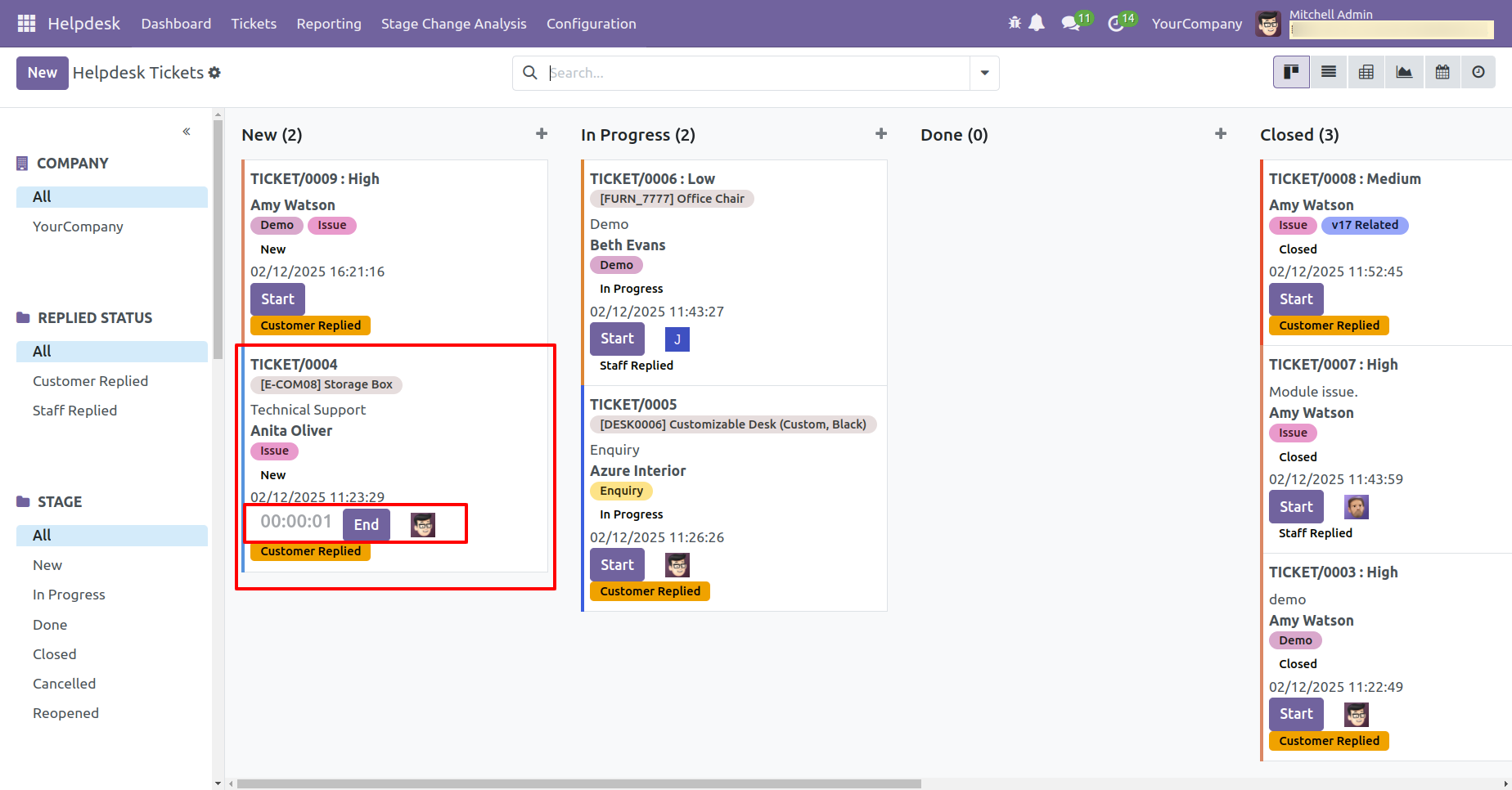 Helpdesk ticket timer started for Mitchel Admin