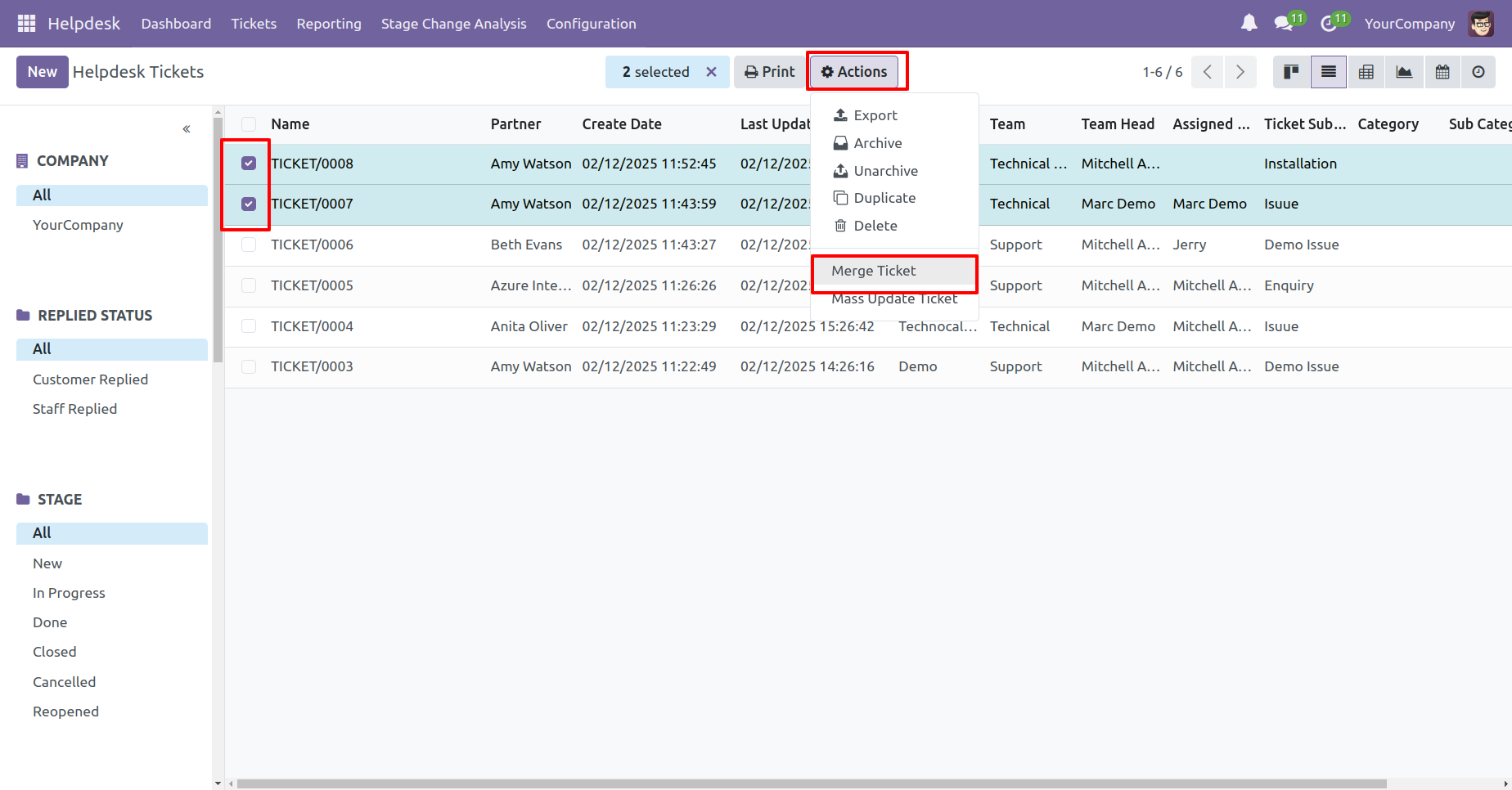 Select Helpdesk tickets and click Merge Ticket