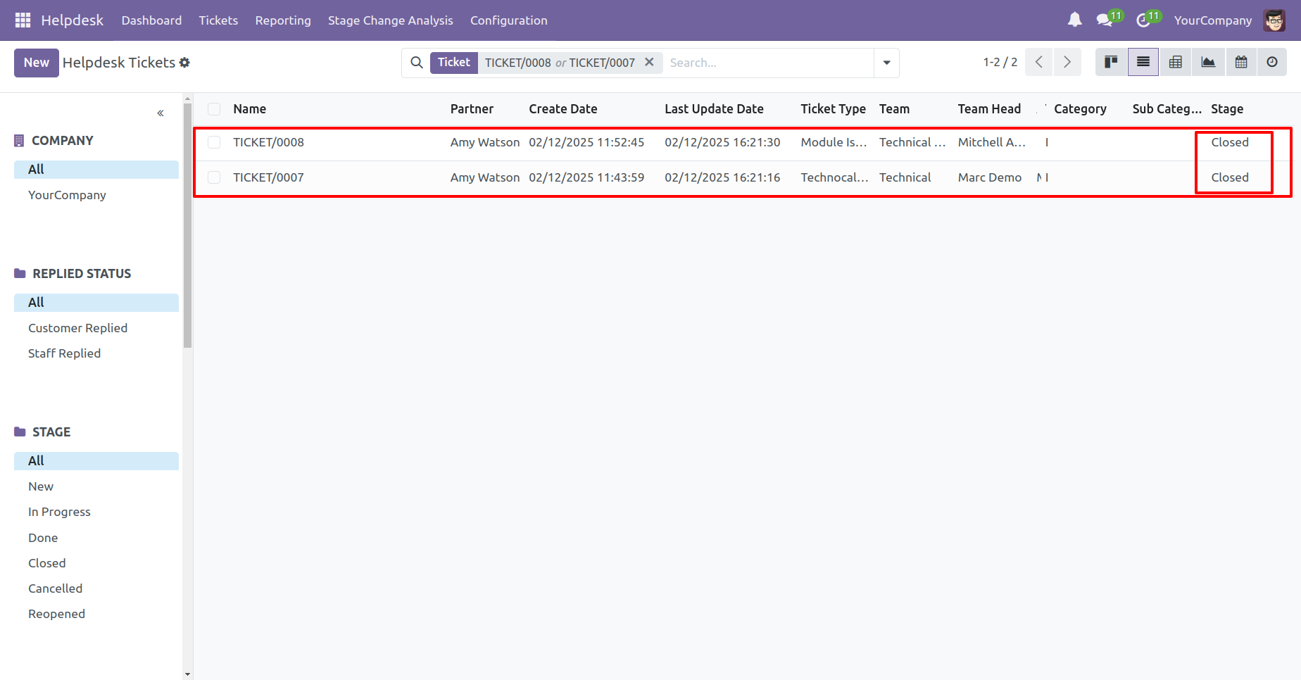 Helpdesk tickets list showing merged tickets in closed status