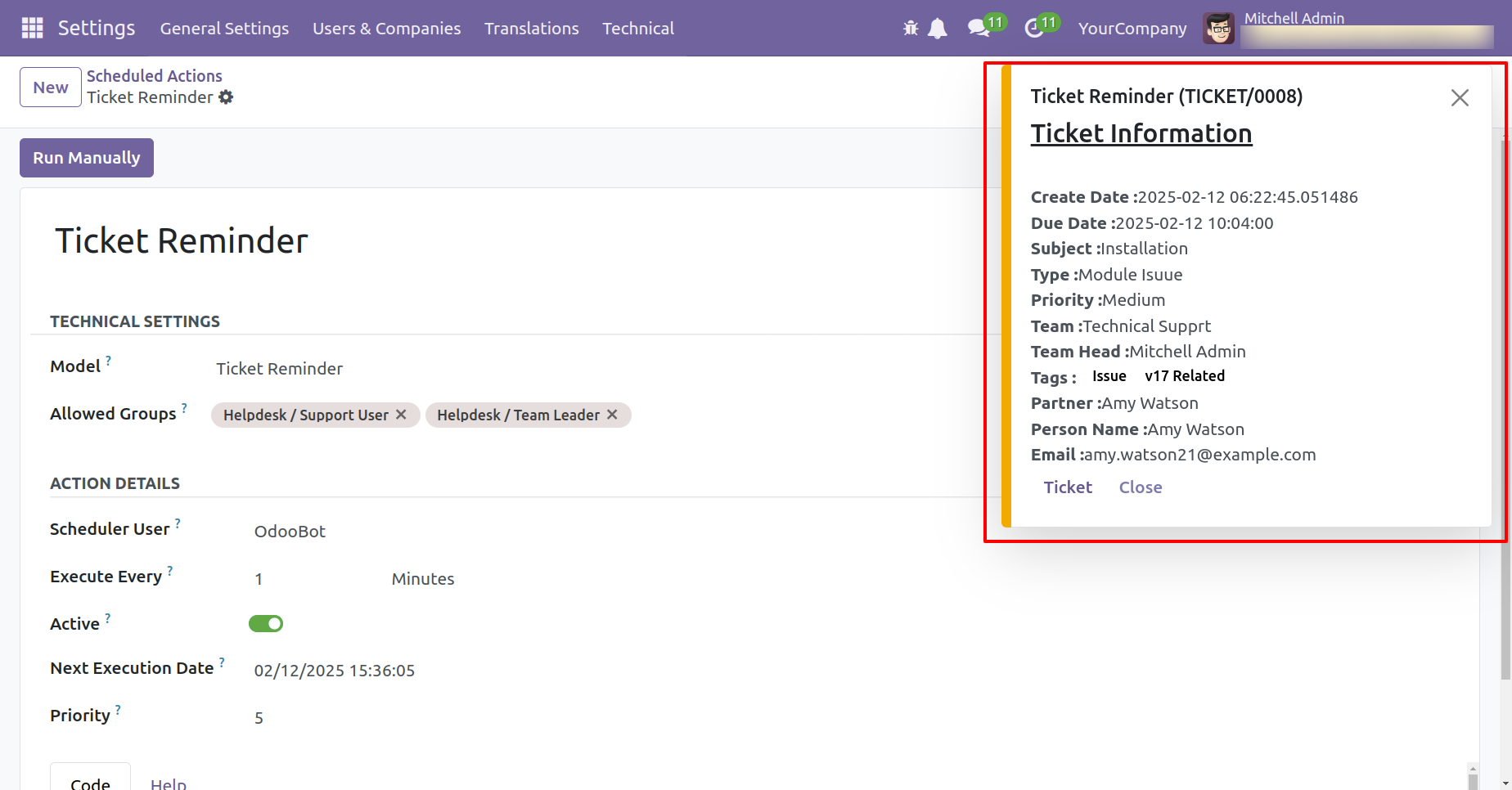 Helpdesk ticket reminder popup