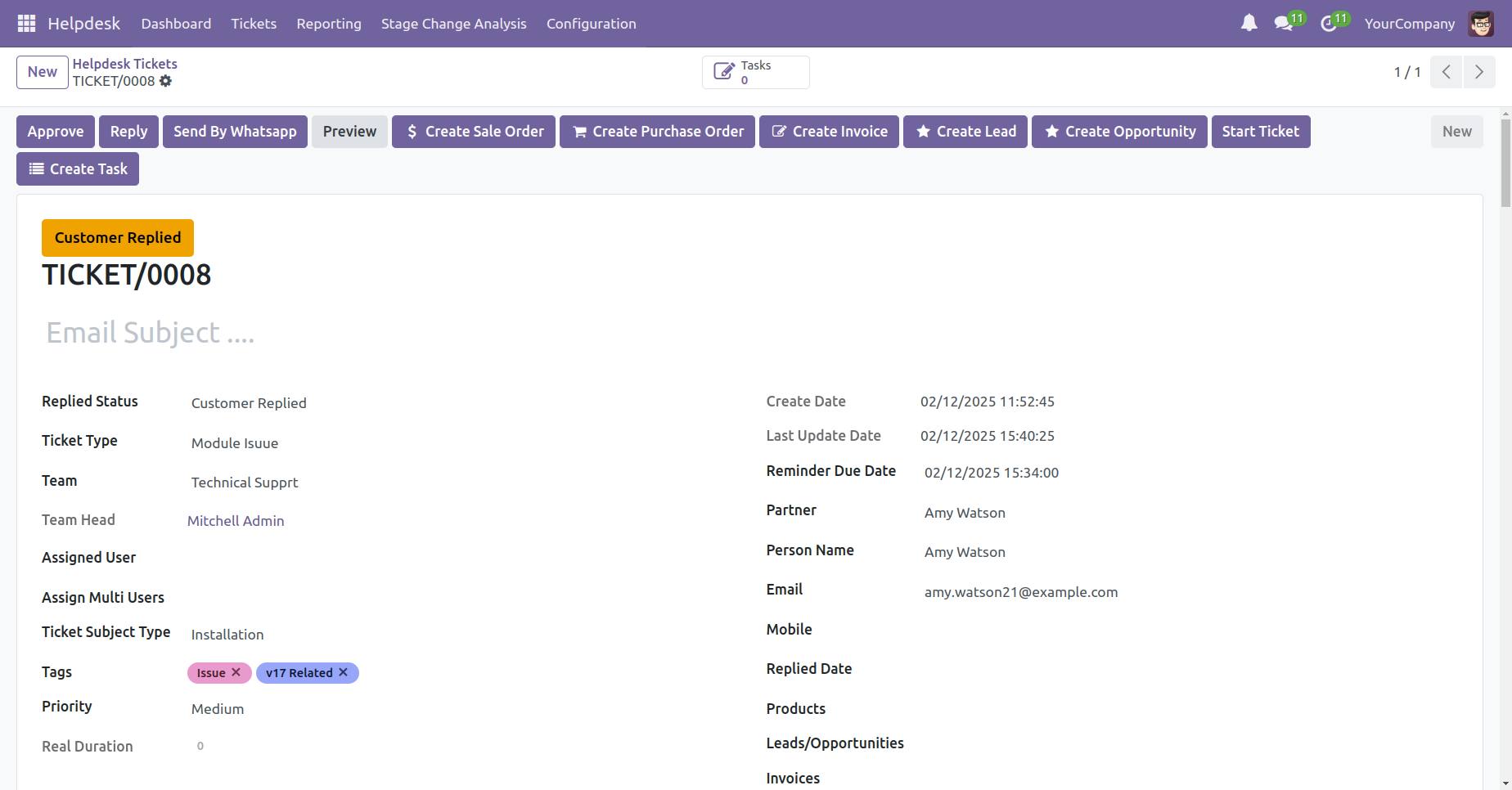 Helpdesk ticket view opened from reminder email