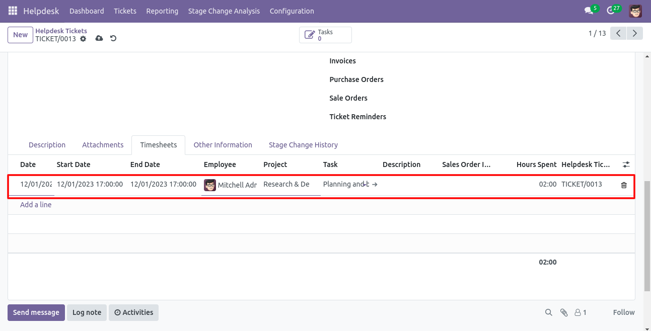 Helpdesk ticket form with timesheet entry in the Timesheets tab
