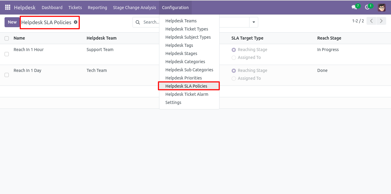Helpdesk SLA Policies configuration menu