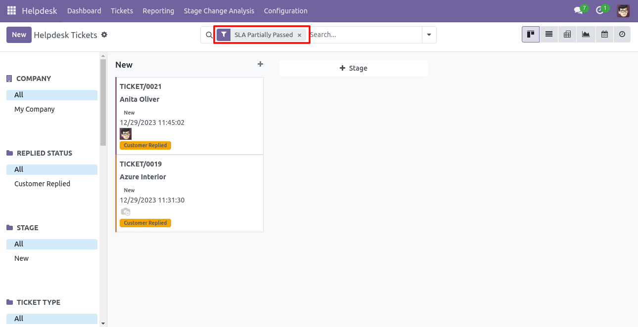 Helpdesk tickets filtered by SLA status