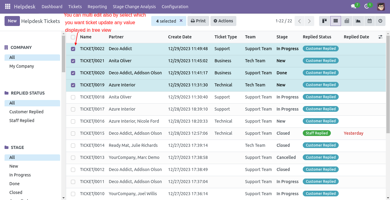 Helpdesk ticket list with multi-record editing