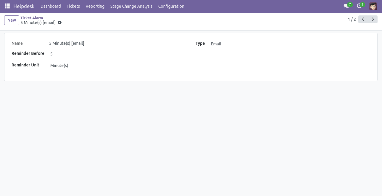 Helpdesk ticket alarm form view