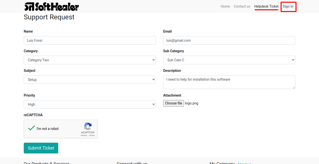 Website user creates a helpdesk ticket 