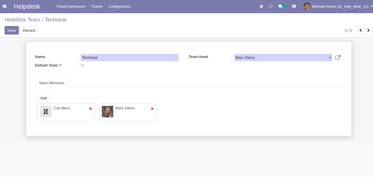 Helpdesk team configuration with members and team leader