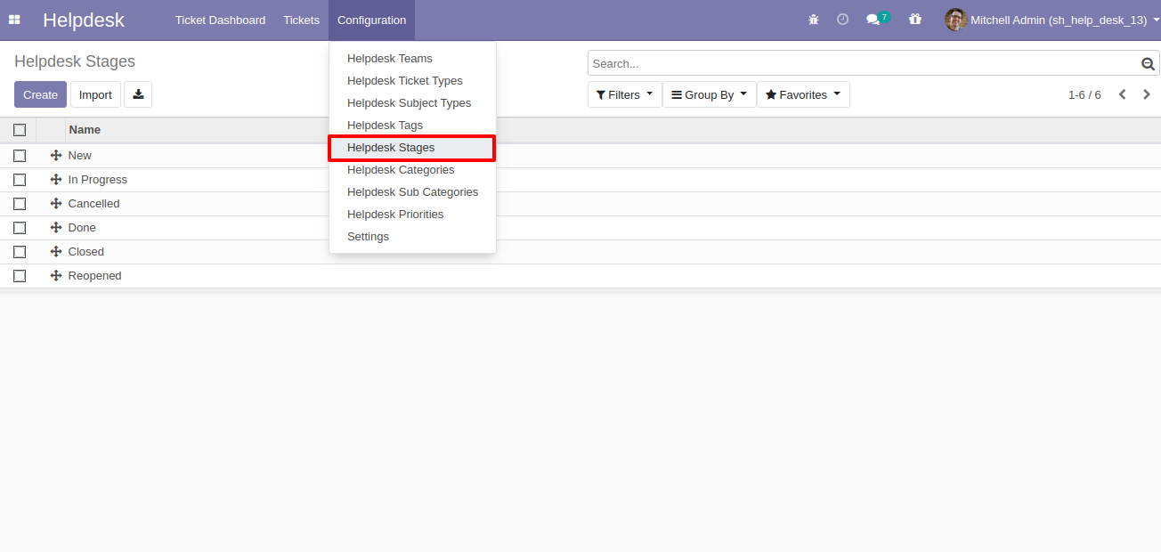 Helpdesk stages menu and list view
