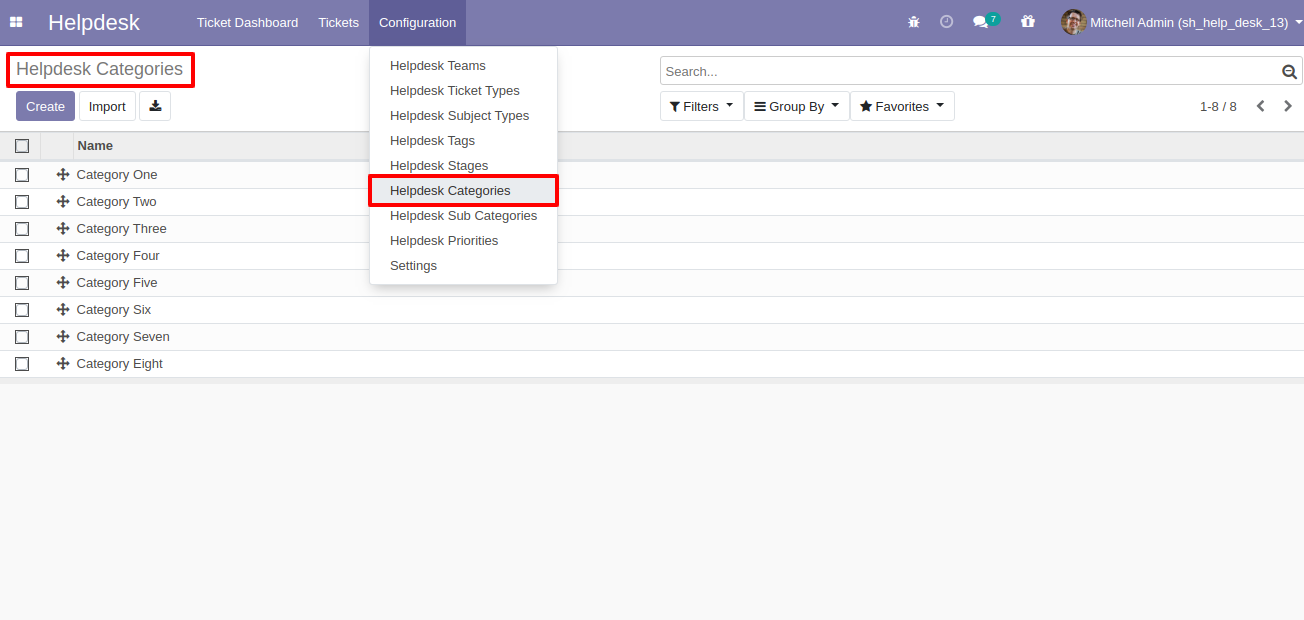 Helpdesk categories menu and list view