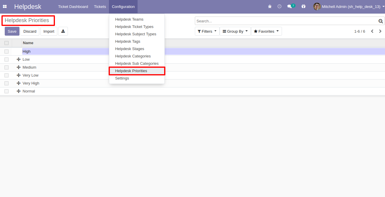 Helpdesk priorities menu and list view