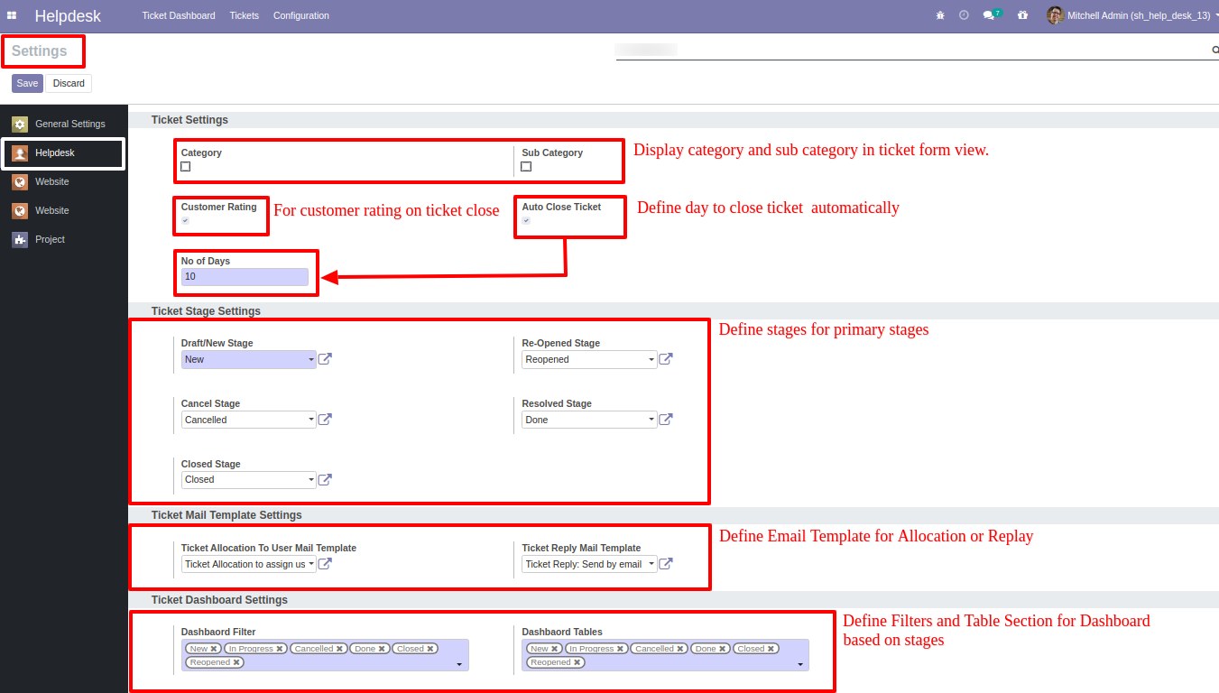 Helpdesk settings configuration