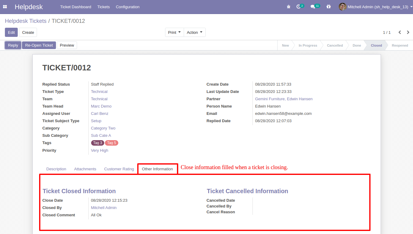 Helpdesk ticket close information