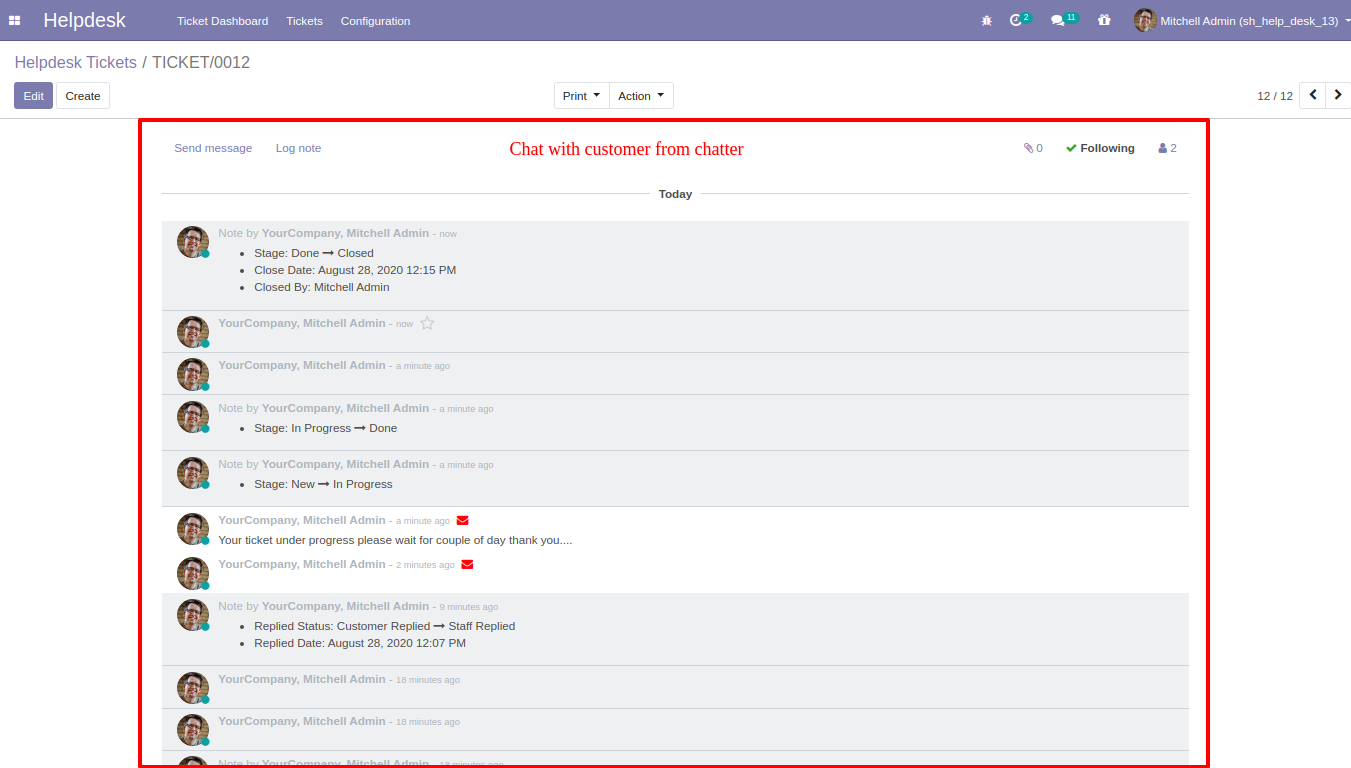 Helpdesk customer conversation in ticket chatter