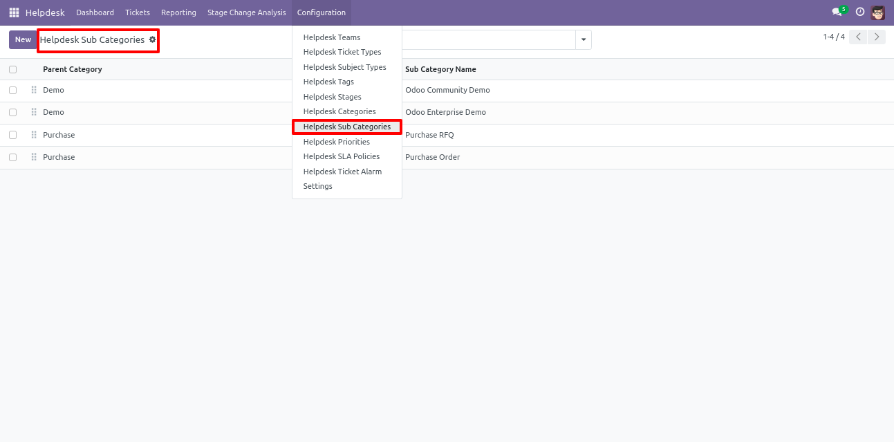 Odoo Helpdesk Sub Categories list view