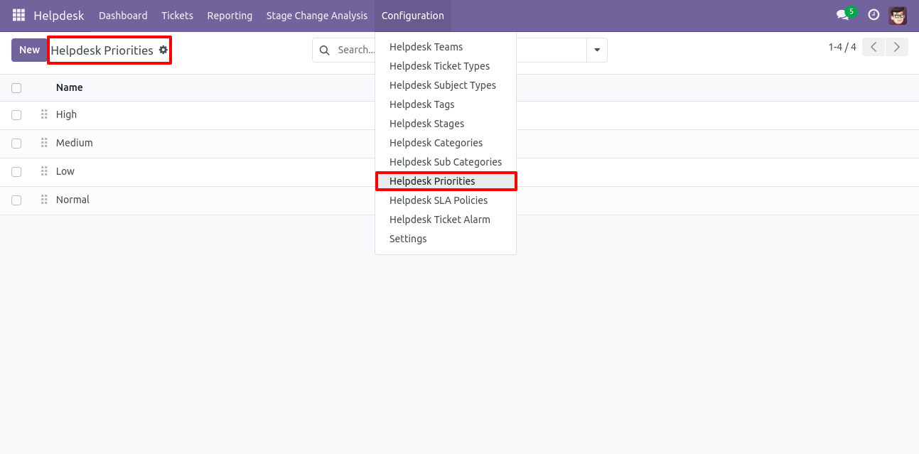 Odoo Helpdesk Priorities list view