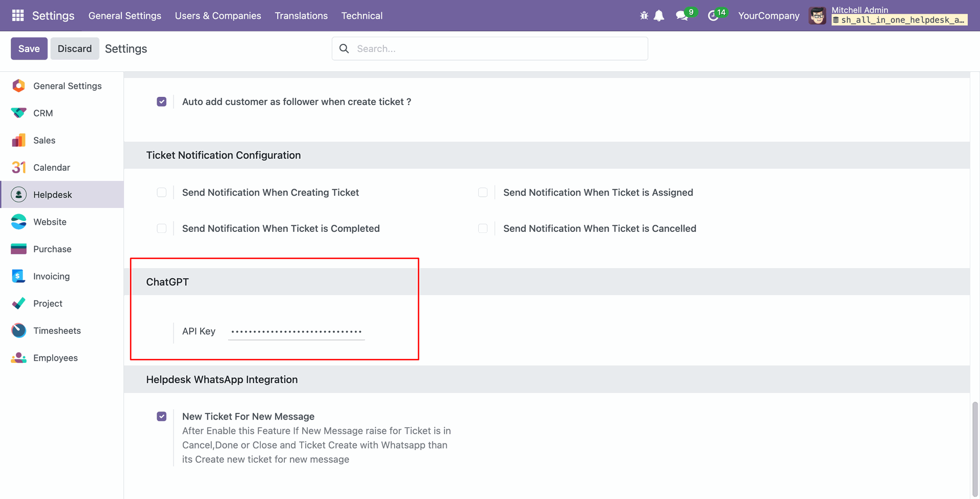 Add ChatGPT API key in Helpdesk settings
