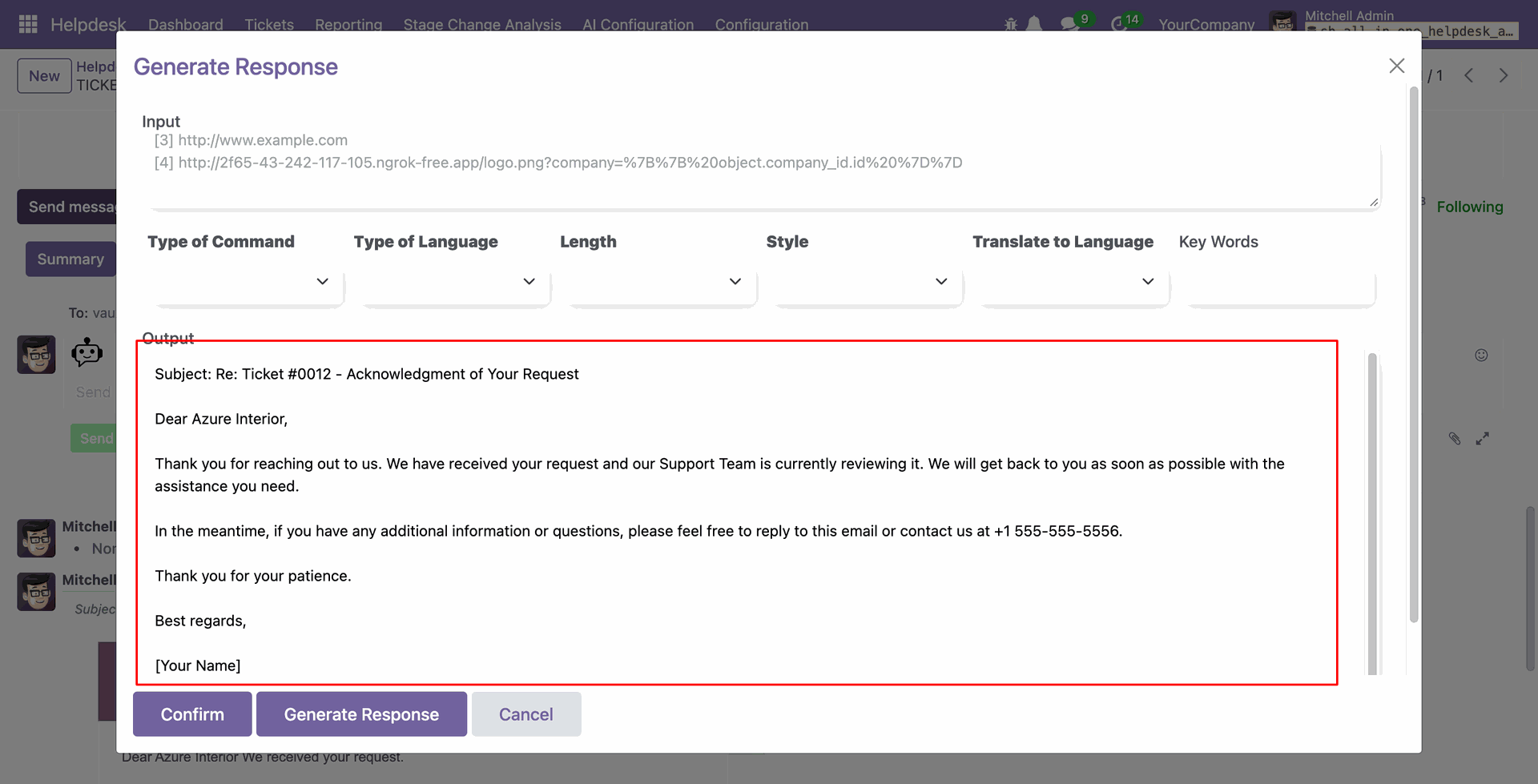 Generated draft response in helpdesk ticket